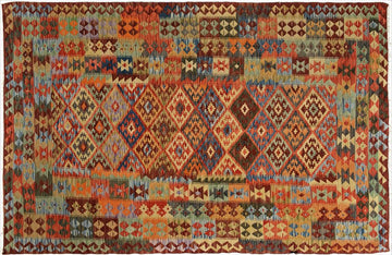 Flat Weave Kilim, Antique, Navaho, Vintage, Handmade, Geometric Kilim Multi Brown Hand-Woven Rectangle 100% Wool Area Rug 5 x 7